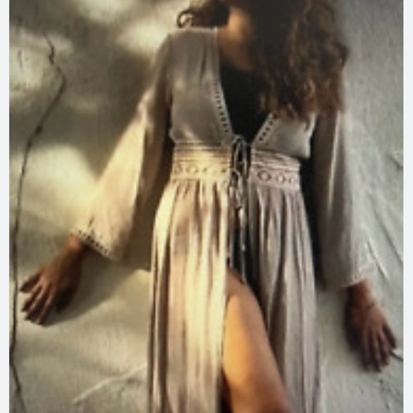 Rebellion Taupe Tie Front Maxi Dress Open Front Lace Size Medium - Picture 1 of 15